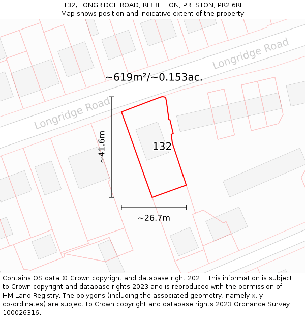 132, LONGRIDGE ROAD, RIBBLETON, PRESTON, PR2 6RL: Plot and title map