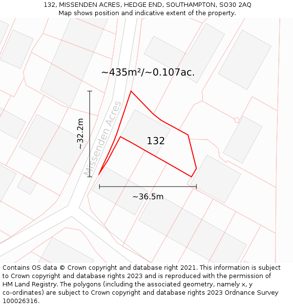 132, MISSENDEN ACRES, HEDGE END, SOUTHAMPTON, SO30 2AQ: Plot and title map