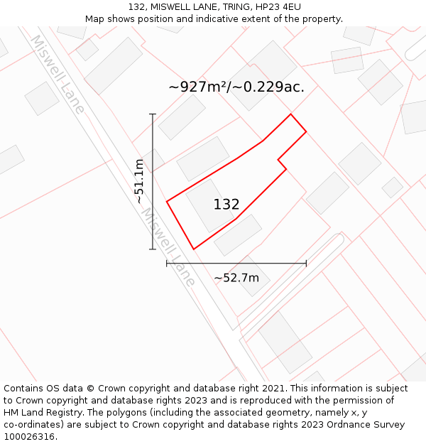 132, MISWELL LANE, TRING, HP23 4EU: Plot and title map