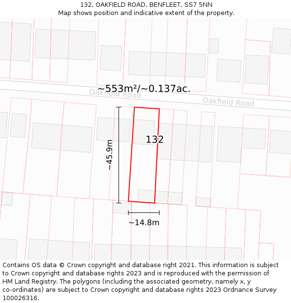 132, OAKFIELD ROAD, BENFLEET, SS7 5NN: Plot and title map