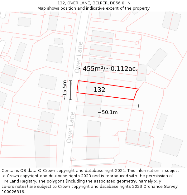 132, OVER LANE, BELPER, DE56 0HN: Plot and title map