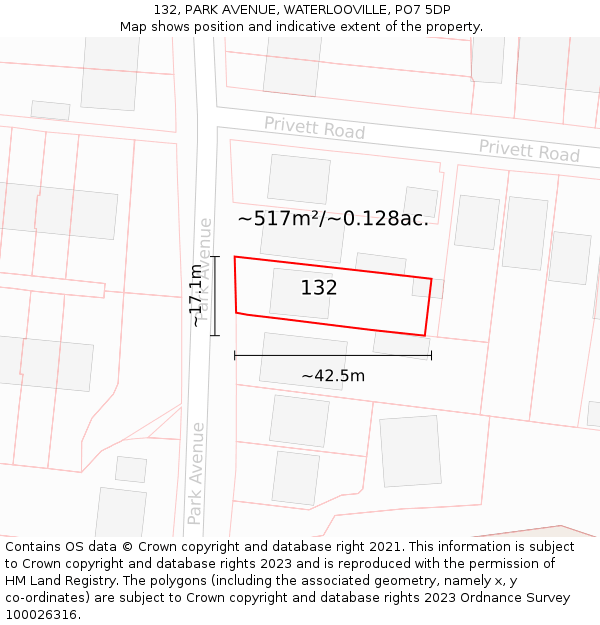 132, PARK AVENUE, WATERLOOVILLE, PO7 5DP: Plot and title map