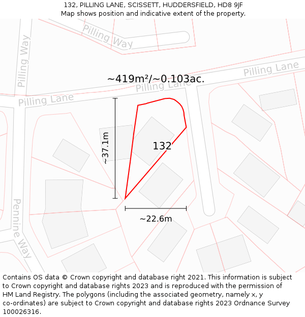 132, PILLING LANE, SCISSETT, HUDDERSFIELD, HD8 9JF: Plot and title map