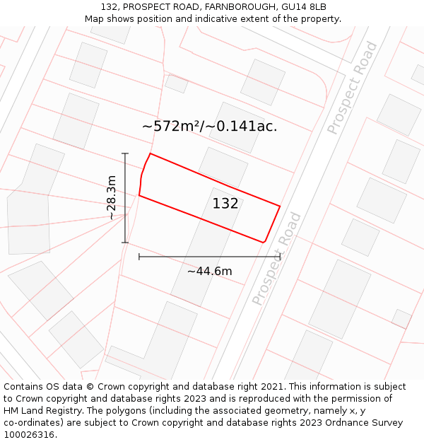 132, PROSPECT ROAD, FARNBOROUGH, GU14 8LB: Plot and title map