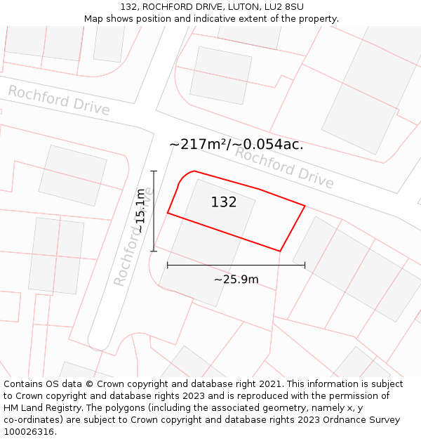 132, ROCHFORD DRIVE, LUTON, LU2 8SU: Plot and title map