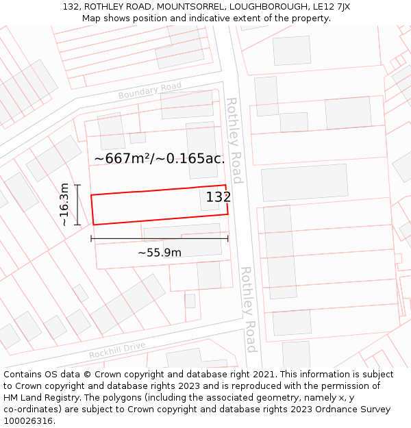 132, ROTHLEY ROAD, MOUNTSORREL, LOUGHBOROUGH, LE12 7JX: Plot and title map