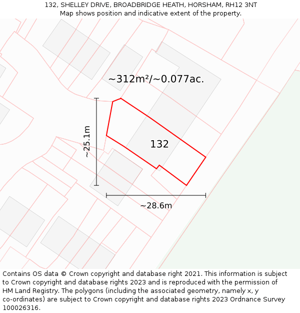 132, SHELLEY DRIVE, BROADBRIDGE HEATH, HORSHAM, RH12 3NT: Plot and title map