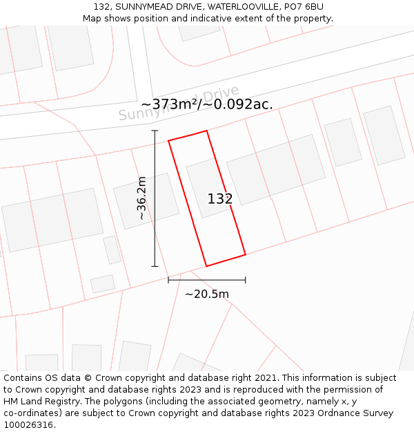 132, SUNNYMEAD DRIVE, WATERLOOVILLE, PO7 6BU: Plot and title map