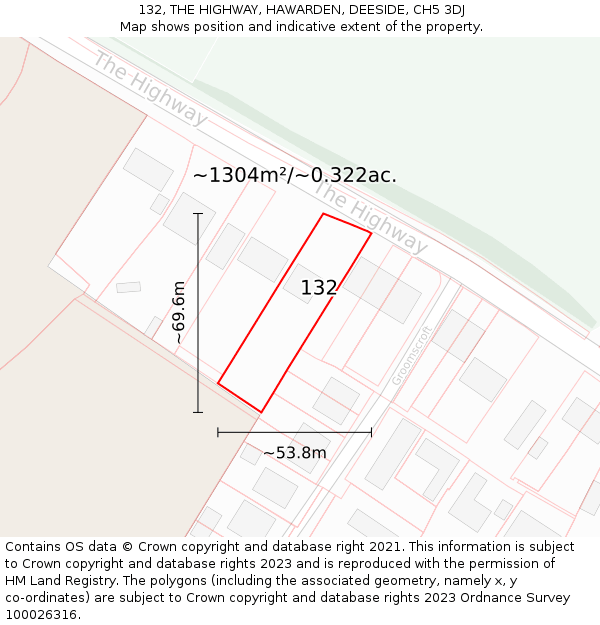 132, THE HIGHWAY, HAWARDEN, DEESIDE, CH5 3DJ: Plot and title map