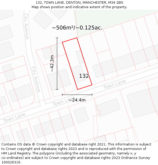 132, TOWN LANE, DENTON, MANCHESTER, M34 2BS: Plot and title map