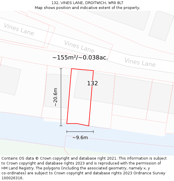 132, VINES LANE, DROITWICH, WR9 8LT: Plot and title map