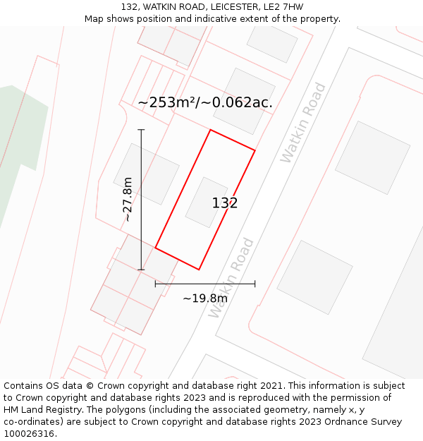 132, WATKIN ROAD, LEICESTER, LE2 7HW: Plot and title map