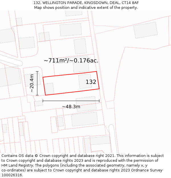 132, WELLINGTON PARADE, KINGSDOWN, DEAL, CT14 8AF: Plot and title map