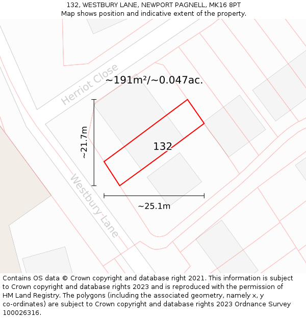 132, WESTBURY LANE, NEWPORT PAGNELL, MK16 8PT: Plot and title map