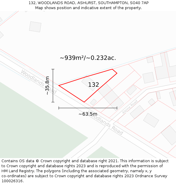 132, WOODLANDS ROAD, ASHURST, SOUTHAMPTON, SO40 7AP: Plot and title map