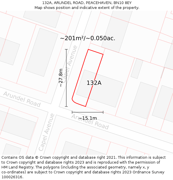 132A, ARUNDEL ROAD, PEACEHAVEN, BN10 8EY: Plot and title map