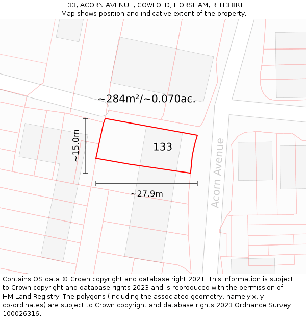 133, ACORN AVENUE, COWFOLD, HORSHAM, RH13 8RT: Plot and title map