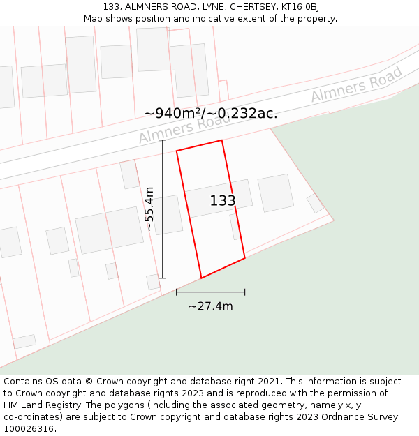 133, ALMNERS ROAD, LYNE, CHERTSEY, KT16 0BJ: Plot and title map