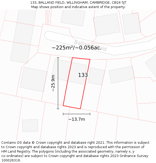 133, BALLAND FIELD, WILLINGHAM, CAMBRIDGE, CB24 5JT: Plot and title map