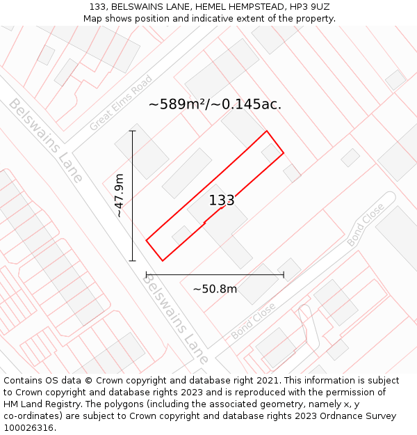 133, BELSWAINS LANE, HEMEL HEMPSTEAD, HP3 9UZ: Plot and title map