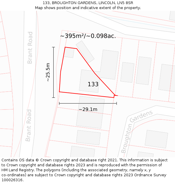 133, BROUGHTON GARDENS, LINCOLN, LN5 8SR: Plot and title map