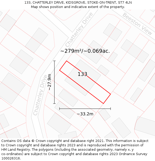 133, CHATTERLEY DRIVE, KIDSGROVE, STOKE-ON-TRENT, ST7 4LN: Plot and title map