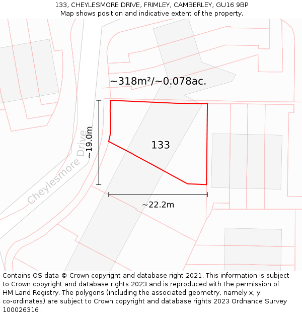 133, CHEYLESMORE DRIVE, FRIMLEY, CAMBERLEY, GU16 9BP: Plot and title map