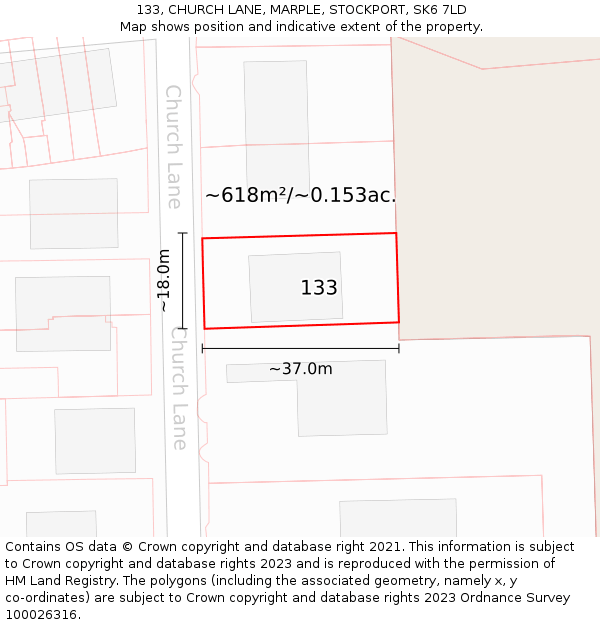 133, CHURCH LANE, MARPLE, STOCKPORT, SK6 7LD: Plot and title map