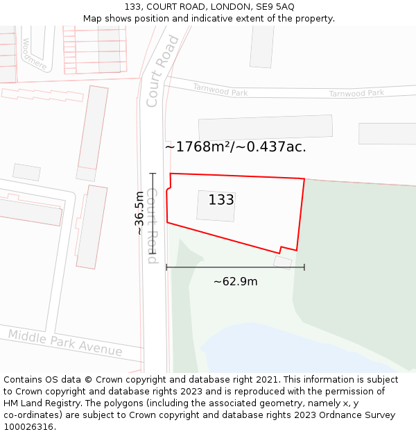 133, COURT ROAD, LONDON, SE9 5AQ: Plot and title map