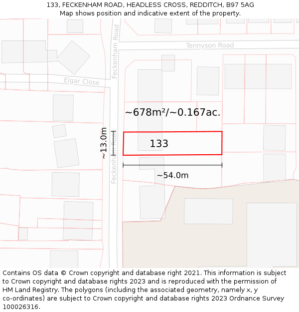 133, FECKENHAM ROAD, HEADLESS CROSS, REDDITCH, B97 5AG: Plot and title map