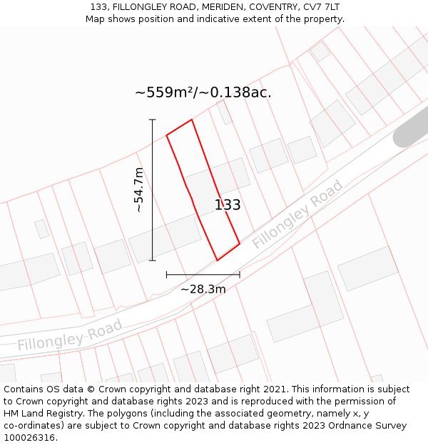 133, FILLONGLEY ROAD, MERIDEN, COVENTRY, CV7 7LT: Plot and title map
