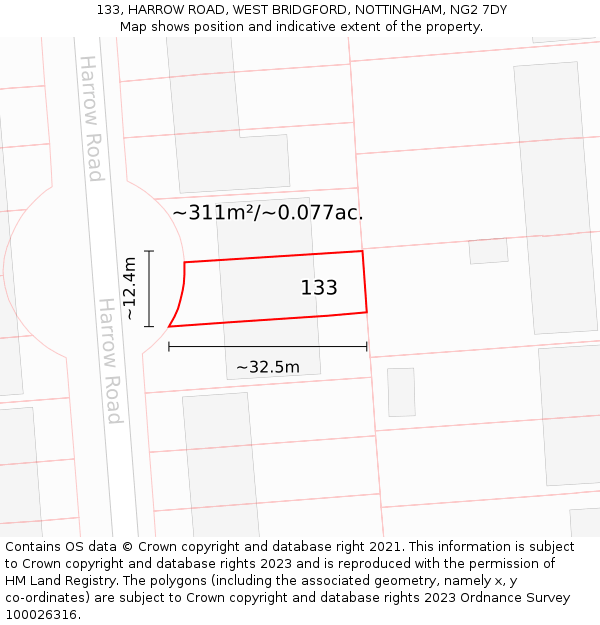 133, HARROW ROAD, WEST BRIDGFORD, NOTTINGHAM, NG2 7DY: Plot and title map