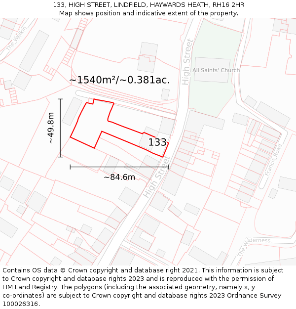 133, HIGH STREET, LINDFIELD, HAYWARDS HEATH, RH16 2HR: Plot and title map