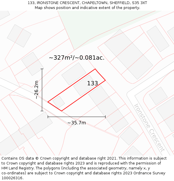 133, IRONSTONE CRESCENT, CHAPELTOWN, SHEFFIELD, S35 3XT: Plot and title map