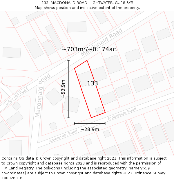 133, MACDONALD ROAD, LIGHTWATER, GU18 5YB: Plot and title map