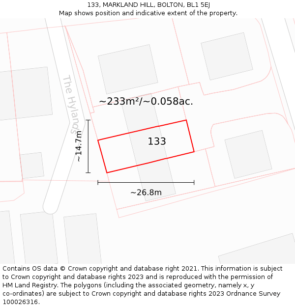 133, MARKLAND HILL, BOLTON, BL1 5EJ: Plot and title map