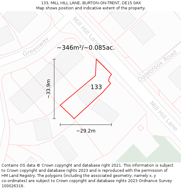 133, MILL HILL LANE, BURTON-ON-TRENT, DE15 0AX: Plot and title map