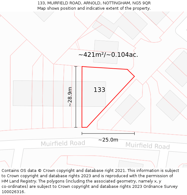 133, MUIRFIELD ROAD, ARNOLD, NOTTINGHAM, NG5 9QR: Plot and title map