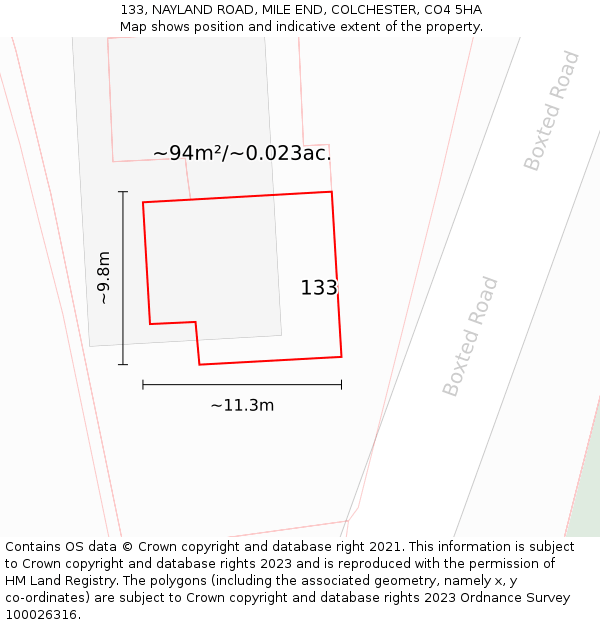 133, NAYLAND ROAD, MILE END, COLCHESTER, CO4 5HA: Plot and title map