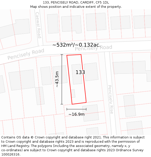 133, PENCISELY ROAD, CARDIFF, CF5 1DL: Plot and title map