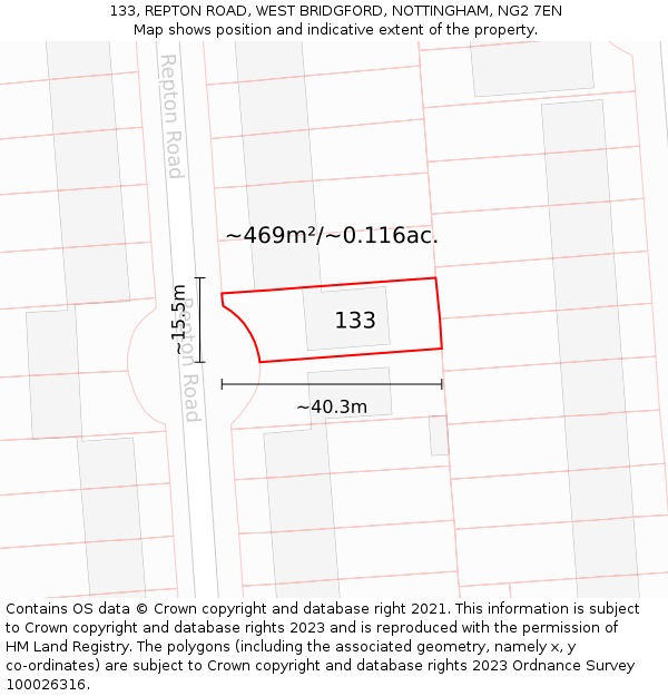 133, REPTON ROAD, WEST BRIDGFORD, NOTTINGHAM, NG2 7EN: Plot and title map