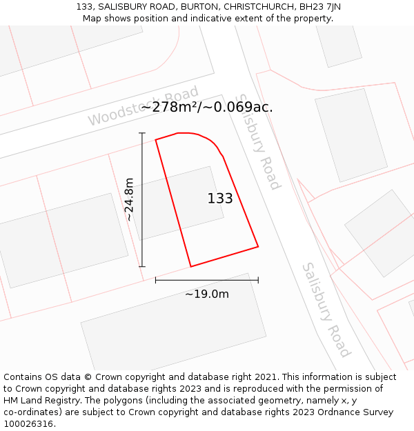 133, SALISBURY ROAD, BURTON, CHRISTCHURCH, BH23 7JN: Plot and title map