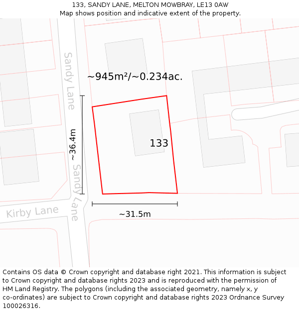 133, SANDY LANE, MELTON MOWBRAY, LE13 0AW: Plot and title map