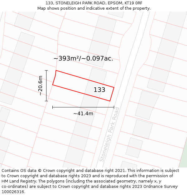 133, STONELEIGH PARK ROAD, EPSOM, KT19 0RF: Plot and title map