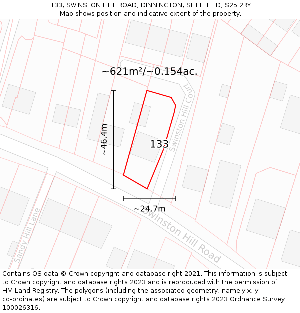 133, SWINSTON HILL ROAD, DINNINGTON, SHEFFIELD, S25 2RY: Plot and title map