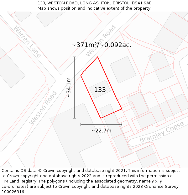 133, WESTON ROAD, LONG ASHTON, BRISTOL, BS41 9AE: Plot and title map