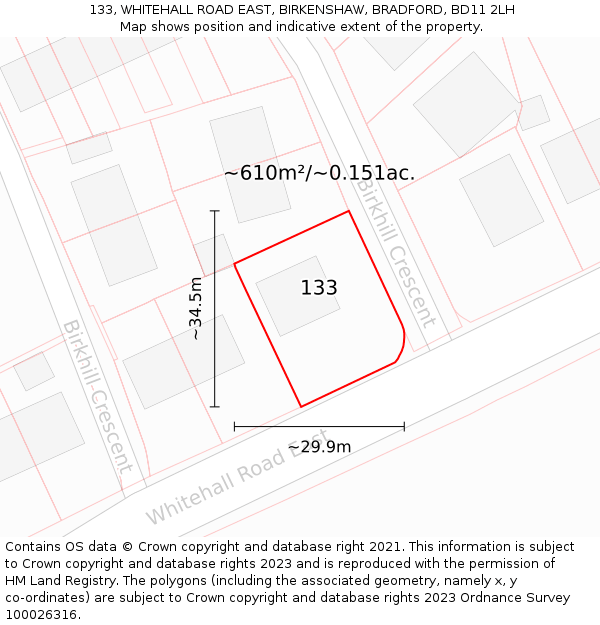 133, WHITEHALL ROAD EAST, BIRKENSHAW, BRADFORD, BD11 2LH: Plot and title map