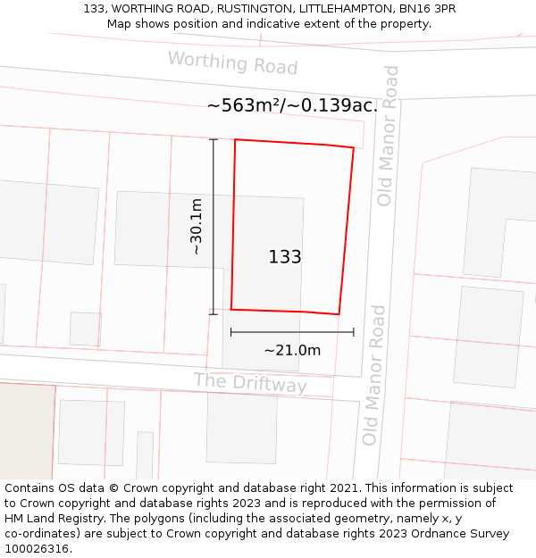 133, WORTHING ROAD, RUSTINGTON, LITTLEHAMPTON, BN16 3PR: Plot and title map