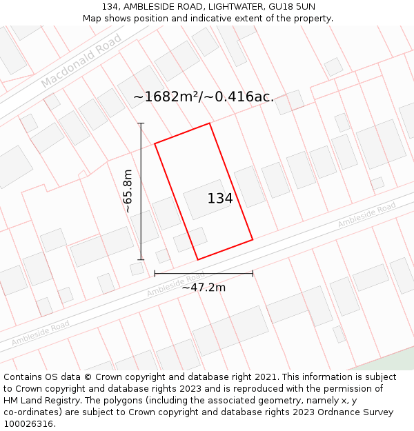 134, AMBLESIDE ROAD, LIGHTWATER, GU18 5UN: Plot and title map