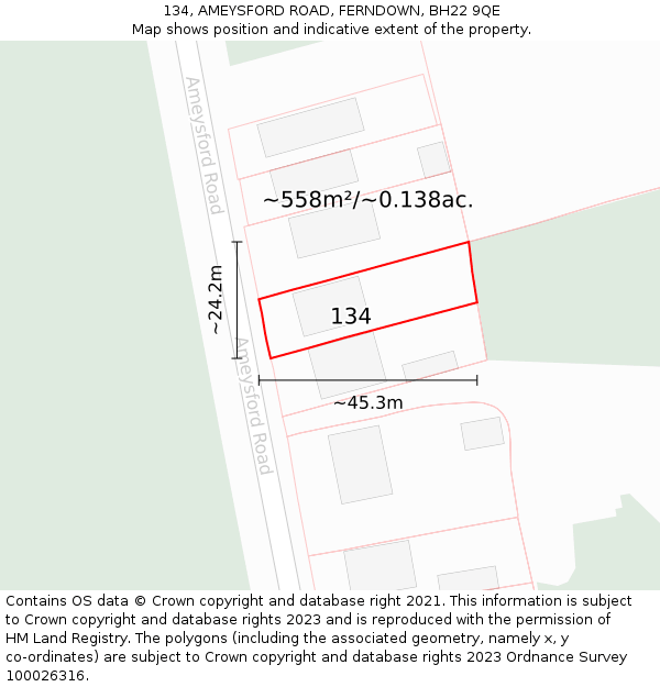 134, AMEYSFORD ROAD, FERNDOWN, BH22 9QE: Plot and title map